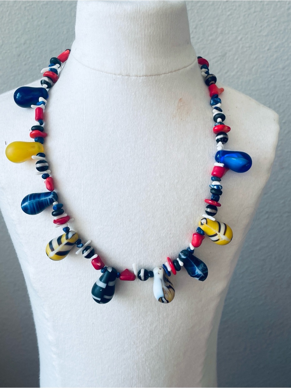 Handmade Multicolor Glass Teardrop Necklace - Yellow, Blue, Red African beads